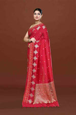 Banarasi soft silk saree with gold and silver zari weaving and cutdana embroidery in border- dark pink