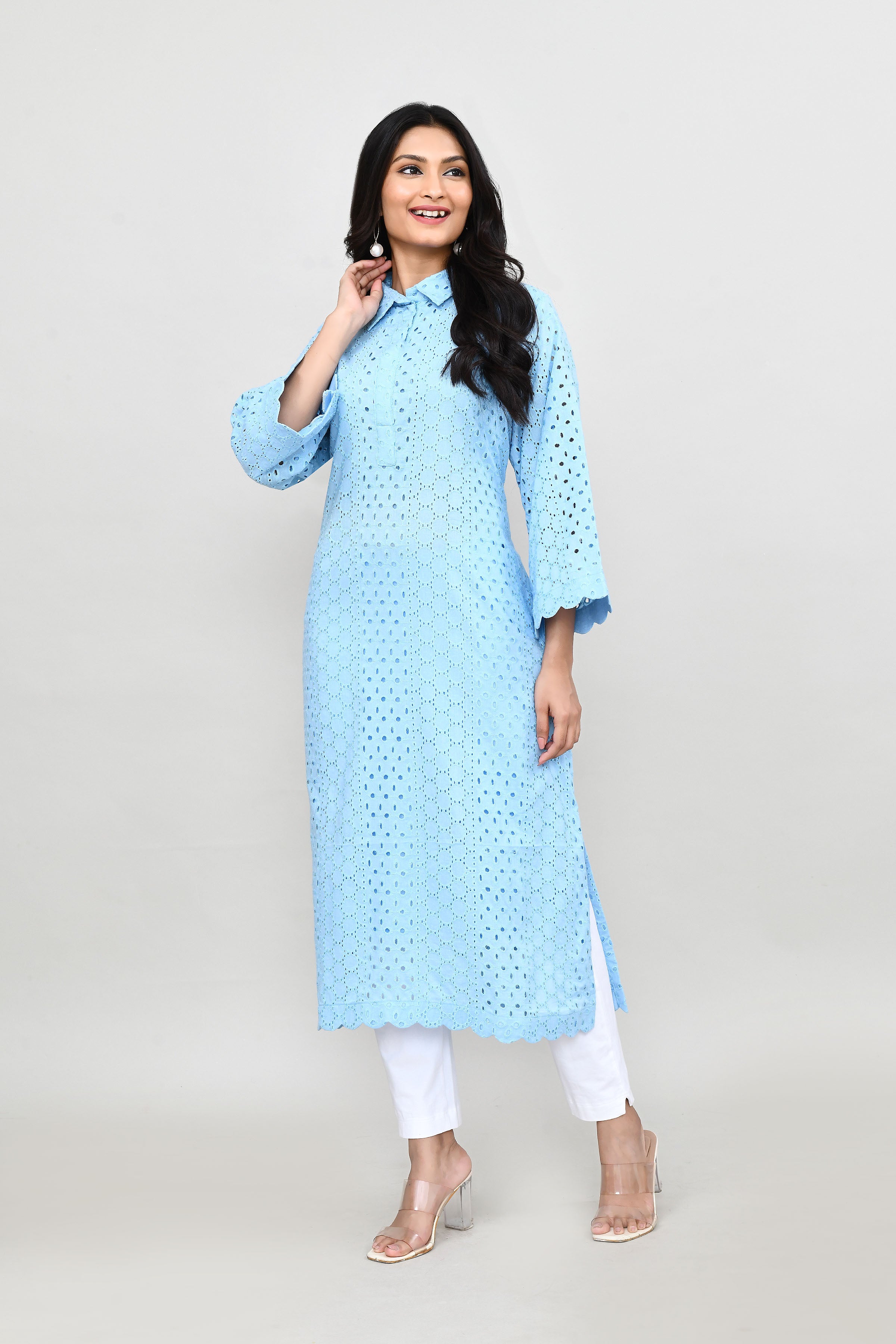 Hakoba long kurti with quarter length sleeves- Light blue