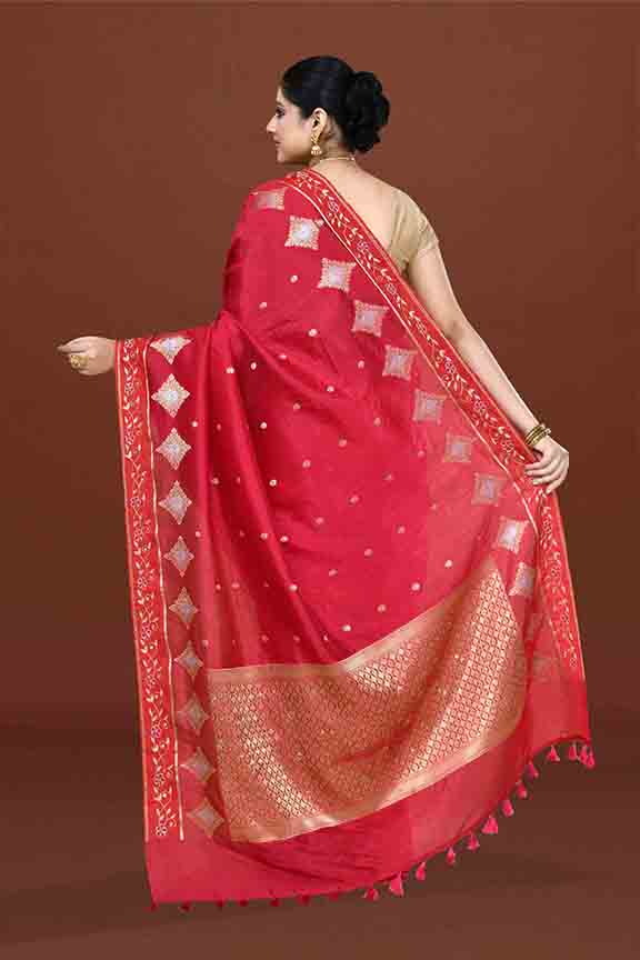 Banarasi soft silk saree with gold and silver zari weaving and cutdana embroidery in border- dark pink