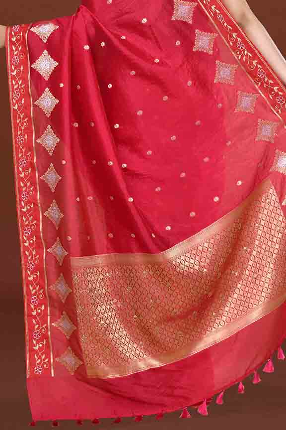 Banarasi soft silk saree with gold and silver zari weaving and cutdana embroidery in border- dark pink