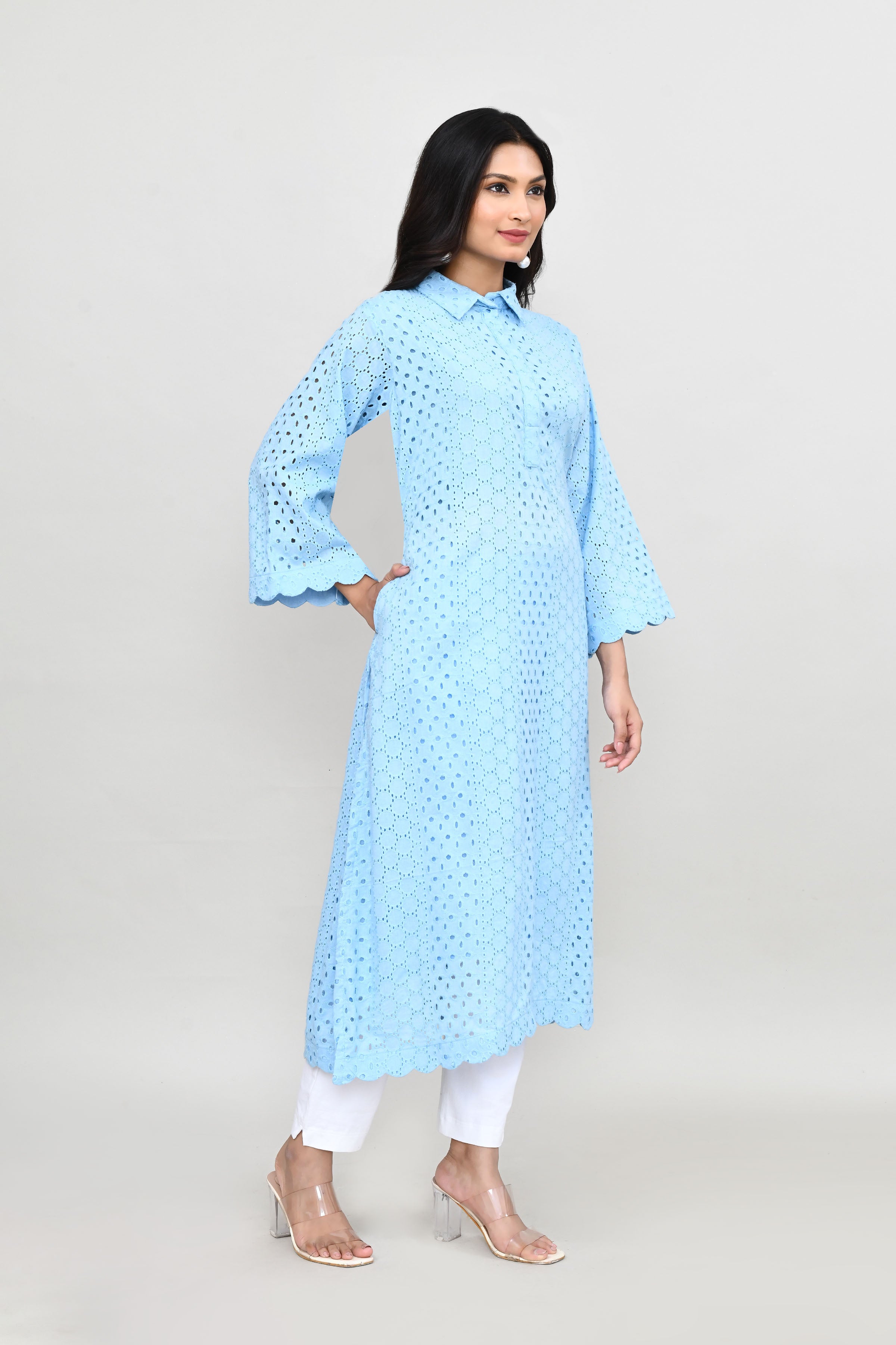 Hakoba long kurti with quarter length sleeves- Light blue