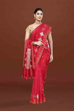Banarasi soft silk saree with gold and silver zari weaving and cutdana embroidery in border- dark pink