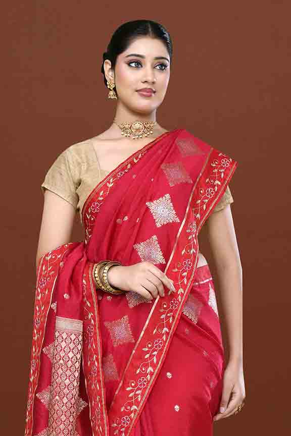 Banarasi soft silk saree with gold and silver zari weaving and cutdana embroidery in border- dark pink
