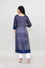 Tissue linen long kurti with quarter sleeves- Royal blue