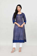 Tissue linen long kurti with quarter sleeves- Royal blue