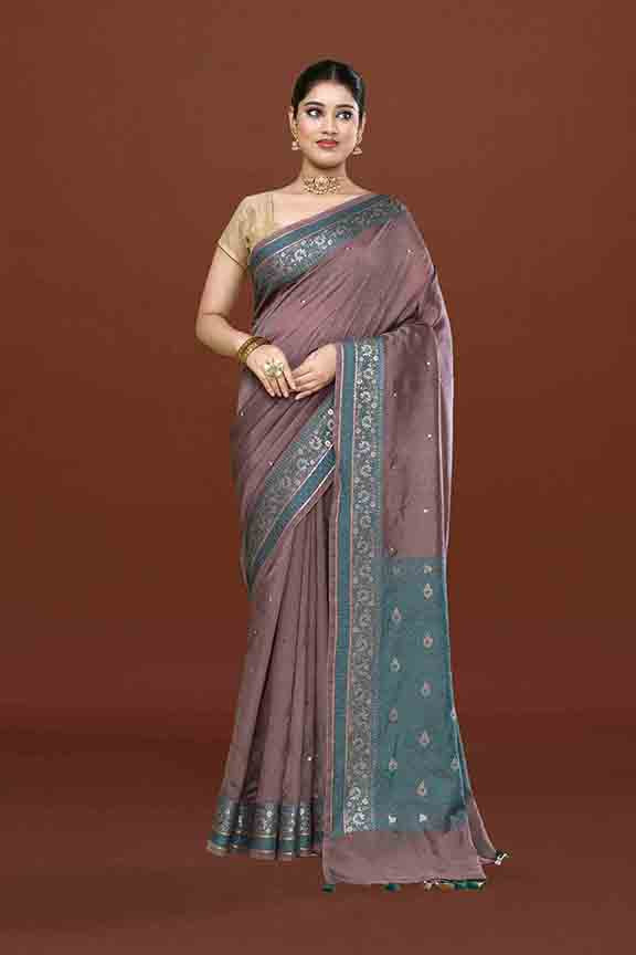 Banarasi soft silk saree with mirror work and dark blue and gold zari woven border and pallu- Chocolate Brown