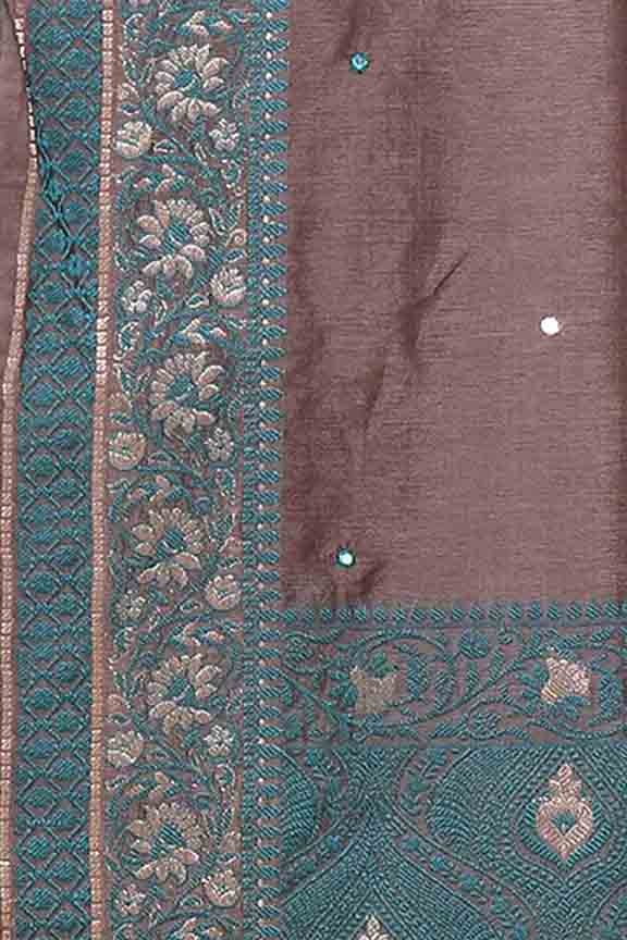 Banarasi soft silk saree with mirror work and dark blue and gold zari woven border and pallu- Chocolate Brown