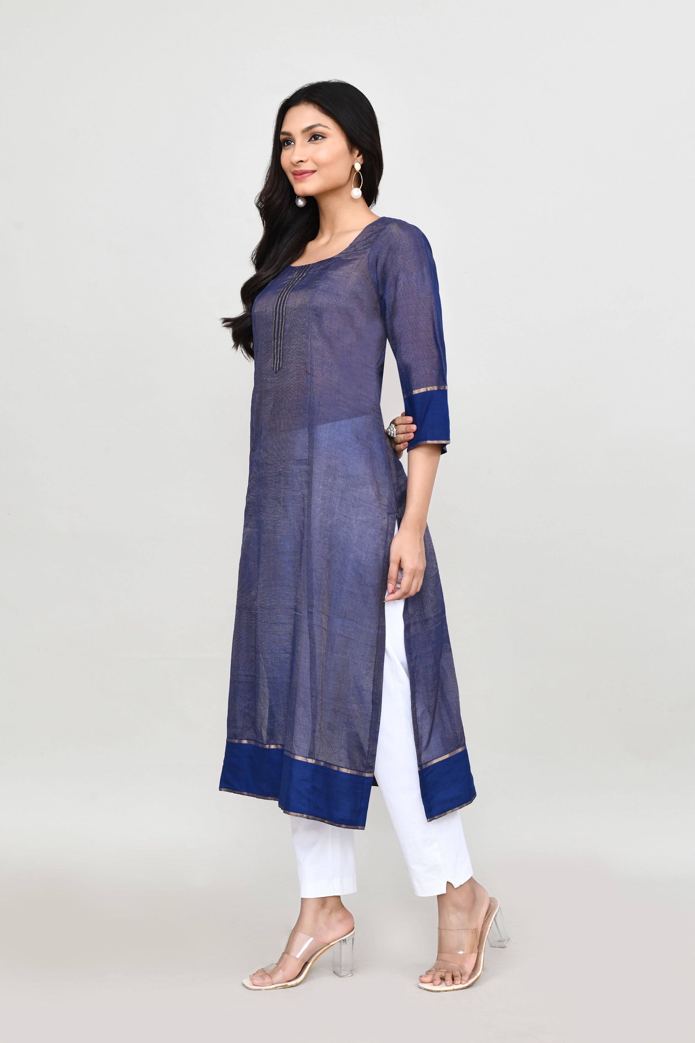 Tissue linen long kurti with quarter sleeves- Royal blue