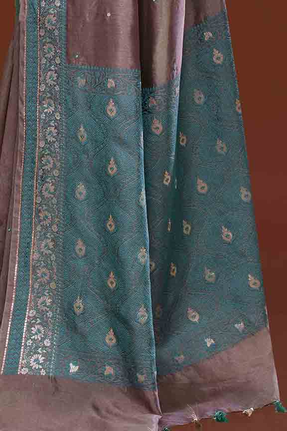 Banarasi soft silk saree with mirror work and dark blue and gold zari woven border and pallu- Chocolate Brown