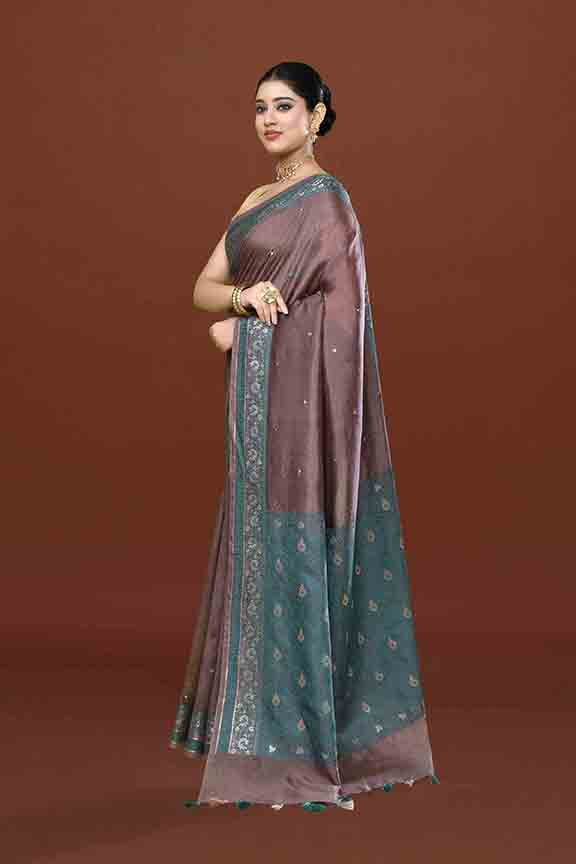 Banarasi soft silk saree with mirror work and dark blue and gold zari woven border and pallu- Chocolate Brown