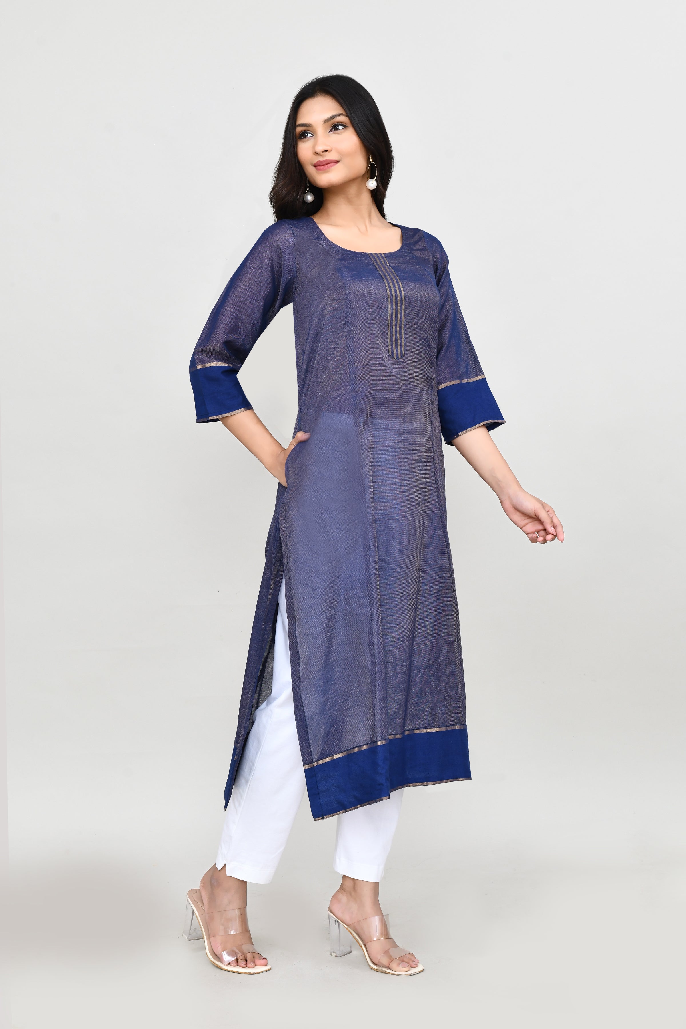 Tissue linen long kurti with quarter sleeves- Royal blue