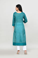 Tissue linen long kurti with quarter sleeves-Emerald green