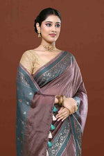 Banarasi soft silk saree with mirror work and dark blue and gold zari woven border and pallu- Chocolate Brown