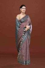 Banarasi soft silk saree with mirror work and dark blue and gold zari woven border and pallu- Chocolate Brown