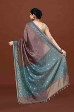 Banarasi soft silk saree with mirror work and dark blue and gold zari woven border and pallu- Chocolate Brown