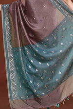 Banarasi soft silk saree with mirror work and dark blue and gold zari woven border and pallu- Chocolate Brown
