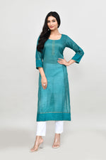 Tissue linen long kurti with quarter sleeves-Emerald green