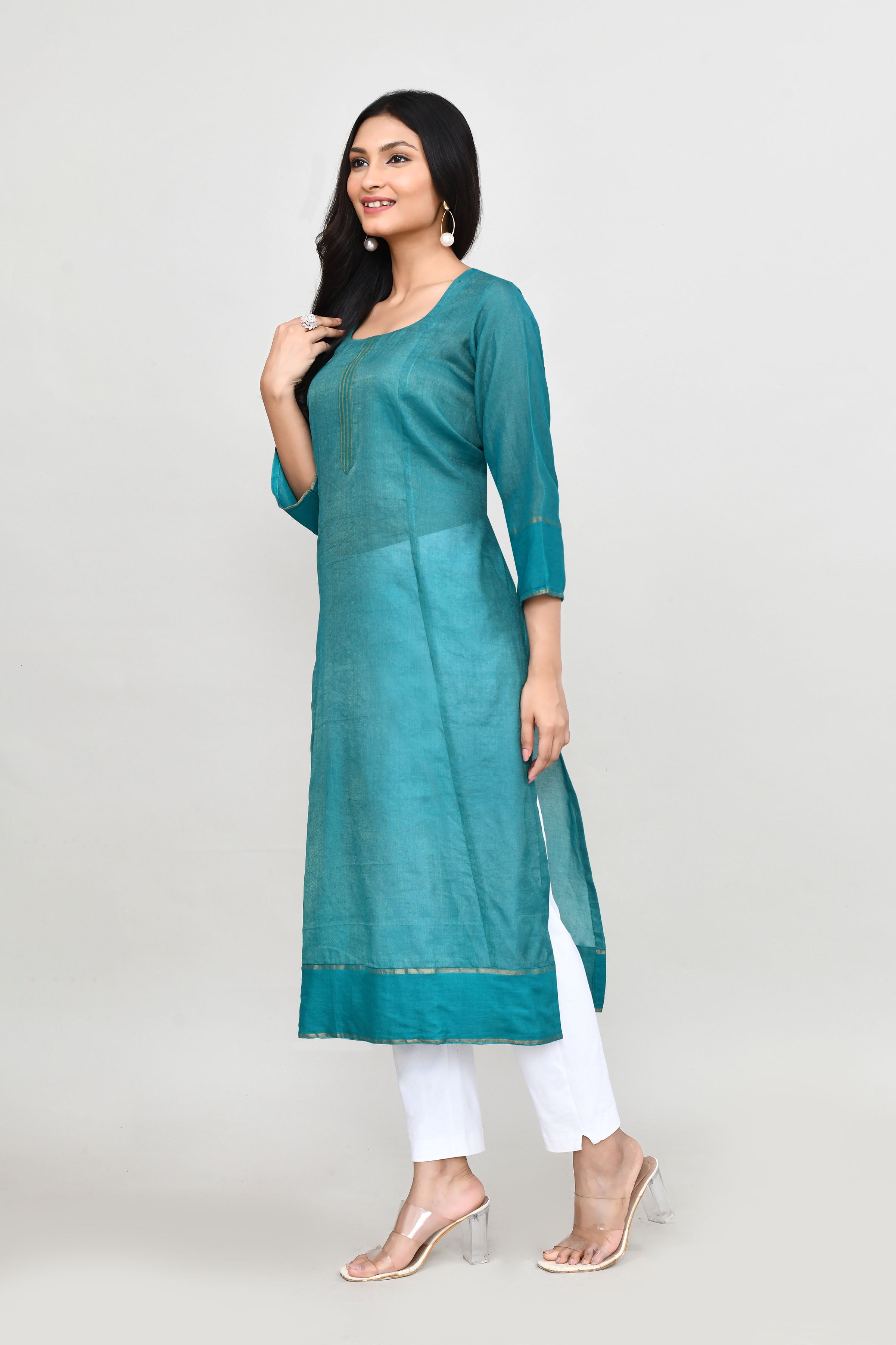 Tissue linen long kurti with quarter sleeves-Emerald green