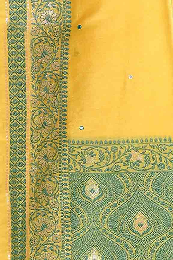 Banarasi soft silk saree with mirror work and dark blue and gold zari woven border and pallu- bright yellow