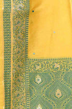 Banarasi soft silk saree with mirror work and dark blue and gold zari woven border and pallu- bright yellow