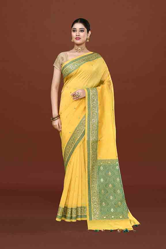 Banarasi soft silk saree with mirror work and dark blue and gold zari woven border and pallu- bright yellow