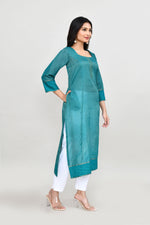 Tissue linen long kurti with quarter sleeves-Emerald green