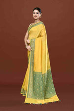Banarasi soft silk saree with mirror work and dark blue and gold zari woven border and pallu- bright yellow