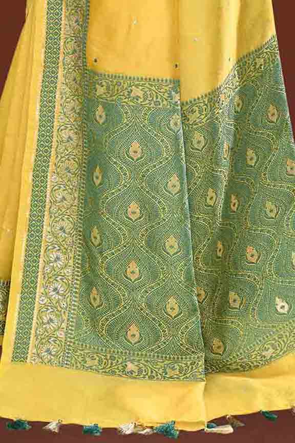 Banarasi soft silk saree with mirror work and dark blue and gold zari woven border and pallu- bright yellow