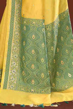 Banarasi soft silk saree with mirror work and dark blue and gold zari woven border and pallu- bright yellow