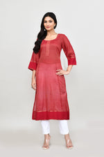 Tissue linen long kurti with quarter sleeves-Maroon