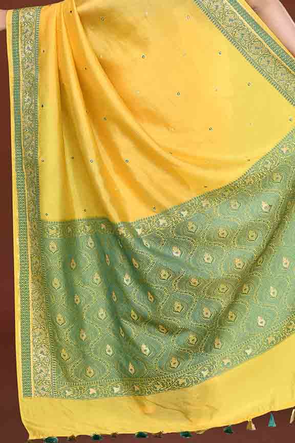 Banarasi soft silk saree with mirror work and dark blue and gold zari woven border and pallu- bright yellow
