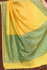 Banarasi soft silk saree with mirror work and dark blue and gold zari woven border and pallu- bright yellow