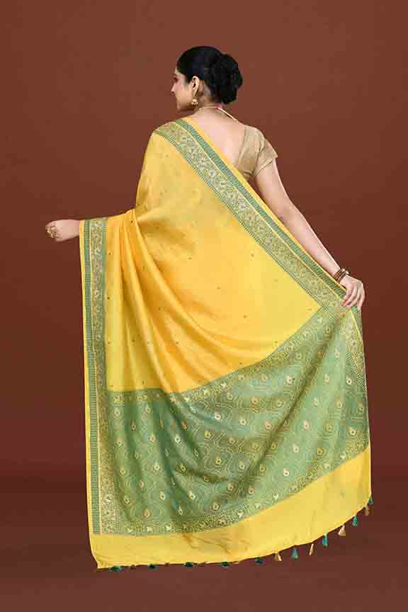 Banarasi soft silk saree with mirror work and dark blue and gold zari woven border and pallu- bright yellow