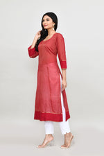 Tissue linen long kurti with quarter sleeves-Maroon