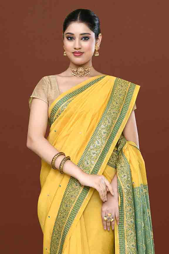 Banarasi soft silk saree with mirror work and dark blue and gold zari woven border and pallu- bright yellow