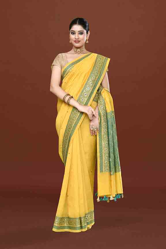 Banarasi soft silk saree with mirror work and dark blue and gold zari woven border and pallu- bright yellow