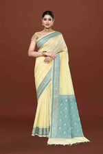 Banarasi soft silk saree with mirror work and dark blue and gold zari woven border and pallu- Lemon Yellow