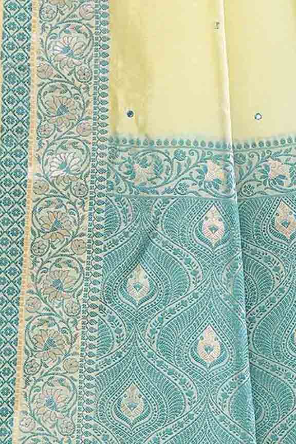 Banarasi soft silk saree with mirror work and dark blue and gold zari woven border and pallu- Lemon Yellow