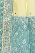 Banarasi soft silk saree with mirror work and dark blue and gold zari woven border and pallu- Lemon Yellow