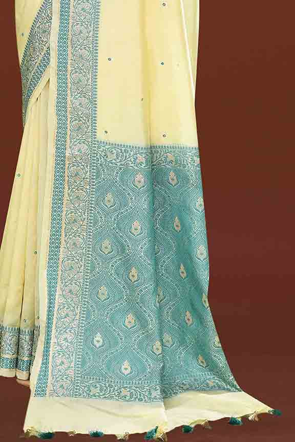 Banarasi soft silk saree with mirror work and dark blue and gold zari woven border and pallu- Lemon Yellow