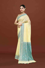 Banarasi soft silk saree with mirror work and dark blue and gold zari woven border and pallu- Lemon Yellow
