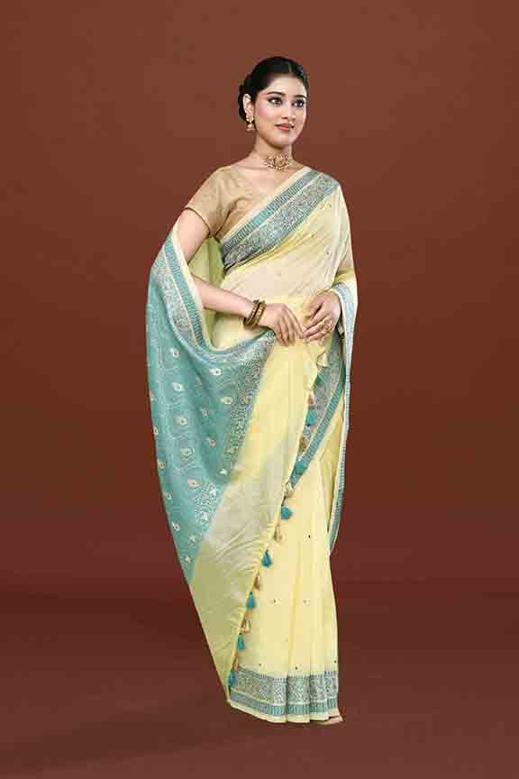 Banarasi soft silk saree with mirror work and dark blue and gold zari woven border and pallu- Lemon Yellow