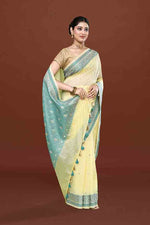 Banarasi soft silk saree with mirror work and dark blue and gold zari woven border and pallu- Lemon Yellow