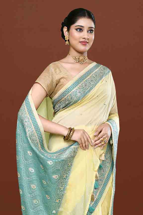 Banarasi soft silk saree with mirror work and dark blue and gold zari woven border and pallu- Lemon Yellow