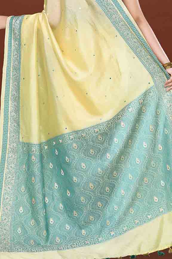 Banarasi soft silk saree with mirror work and dark blue and gold zari woven border and pallu- Lemon Yellow