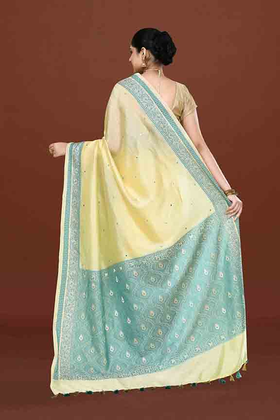 Banarasi soft silk saree with mirror work and dark blue and gold zari woven border and pallu- Lemon Yellow
