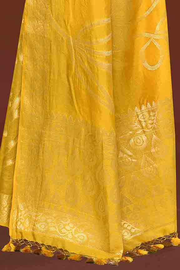 Banarasi soft silk saree with floral golden motifs weaving- Mango yellow
