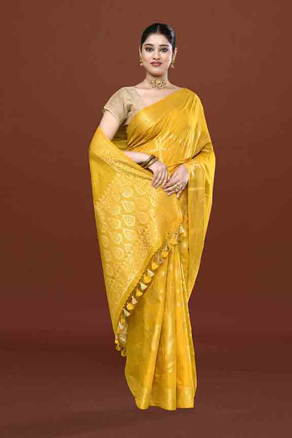 Banarasi soft silk saree with floral golden motifs weaving- Mango yellow