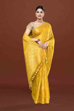 Banarasi soft silk saree with floral golden motifs weaving- Mango yellow