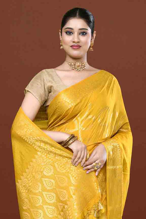 Banarasi soft silk saree with floral golden motifs weaving- Mango yellow
